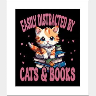 Easily Distracted By Cats And Books Posters and Art